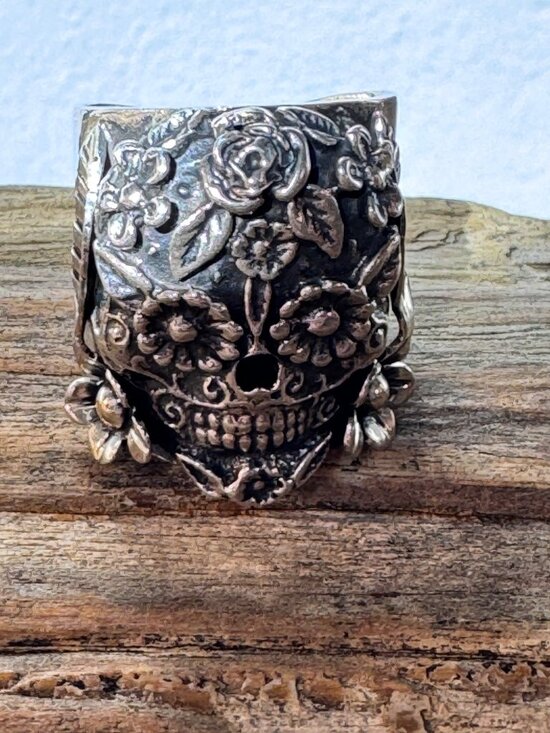 JJ Jewelry - Sterling Silver 925 Sugar Skull Floral Wide Band Ring Size 9.5 JJ 19.83g